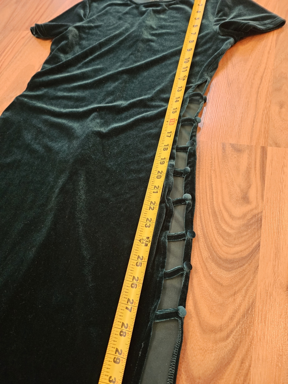 Short-Sleeve Velvet Maxi Dress with Side Slit Button Detail - Dark Green - Picture 12 of 14
